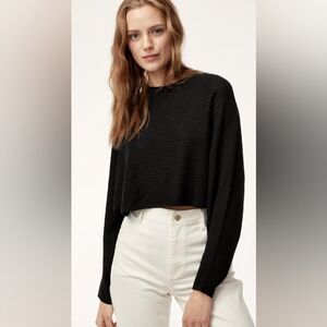 Wilfred Free Lolan Sweater Aritzia Black 100% Merino Wool Cropped Batwing Size S
